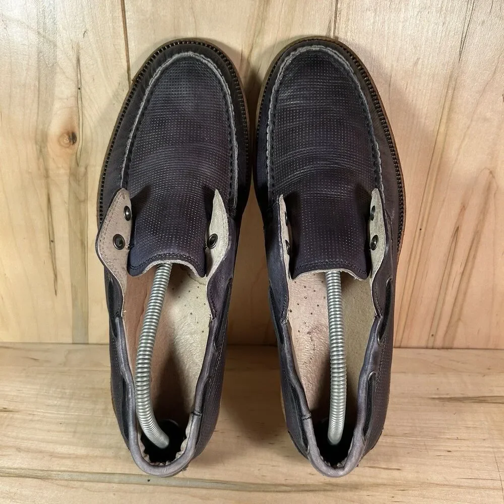 JOHN VARVATOS Schooner 10.5 M Navy Perforated Leather Moccasin Loafer Boat Shoes